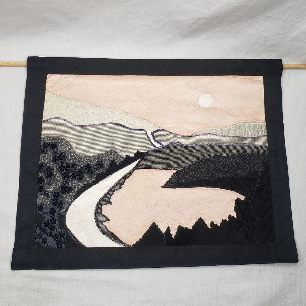 Original Quilt Art Scenic Landscape Wall Tapestry Black, Cream, Pink 14